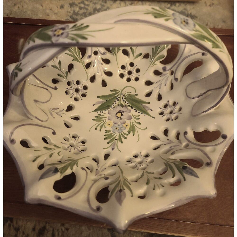 Hand‎ Painted Purple Pansies Ceramic Reticulated Basket Braided Handle Portugal